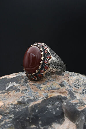 Kırmızı Akik Taşlı Gümüş Erkek Yüzüğü 925 Ayar Zirkon Taş Süslemeli 901886