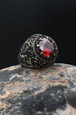 Yuvarlak Kırmızı Zirkon Taşlı 925 Ayar Gümüş Erkek Yüzüğü 901889