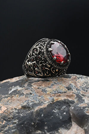 Yuvarlak Kırmızı Zirkon Taşlı 925 Ayar Gümüş Erkek Yüzüğü 901889