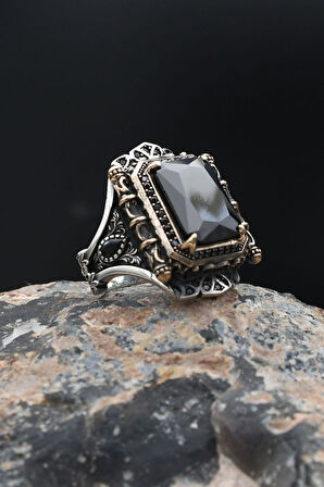 925 Ayar Gümüş Erkek Yüzük Kare Siyah Zirkon Taşlı 901891