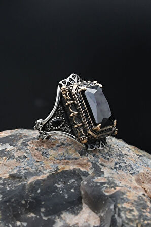 925 Ayar Gümüş Erkek Yüzük Kare Siyah Zirkon Taşlı 901891