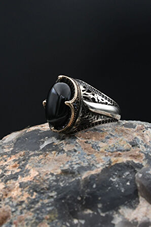 Kılıc Figürlü Oniks Taşlı Gümüş Erkek Yüzüğü 925 Ayar Zirkon Taş Süslemeli 901893