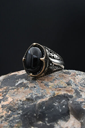 Kılıc Figürlü Oniks Taşlı Gümüş Erkek Yüzüğü 925 Ayar Zirkon Taş Süslemeli 901893