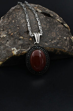 Kırmızı Akik Taşlı Zirkon Taş Süslemeli 925 Ayar Gümüş Kolye Kral Zincir 2Mm 901912