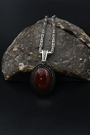 Kırmızı Akik Taşlı Zirkon Taş Süslemeli 925 Ayar Gümüş Kolye Kral Zincir 2Mm 901912