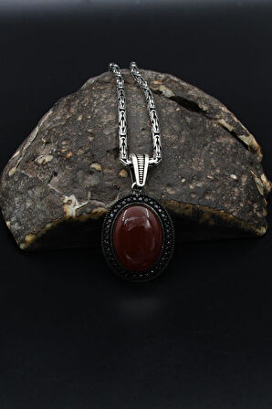 Kırmızı Akik Taşlı Zirkon Taş Süslemeli 925 Ayar Gümüş Kolye Kral Zincir 2Mm 901912