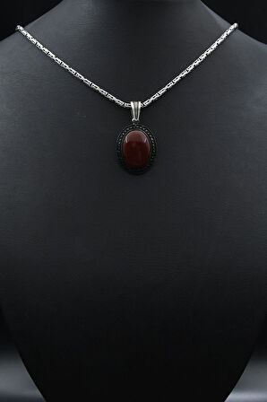 Kırmızı Akik Taşlı Zirkon Taş Süslemeli 925 Ayar Gümüş Kolye Kral Zincir 2Mm 901912