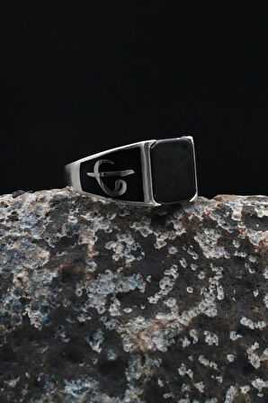 Vav Elif İşlemeli Oniks Taşlı 925 Ayar Gümüş Yüzüğü 901914