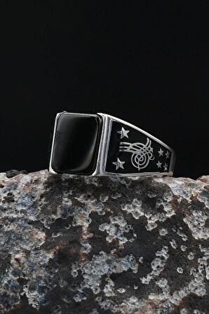 Osmanlı Tuğralı Oniks Taşlı 925 Ayar Gümüş Yüzük 901916