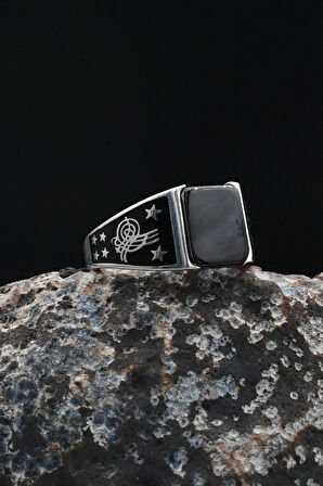 Osmanlı Tuğralı Oniks Taşlı 925 Ayar Gümüş Yüzük 901916