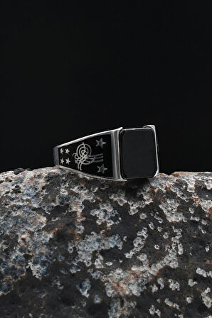 Osmanlı Tuğralı Oniks Taşlı 925 Ayar Gümüş Yüzük 901916