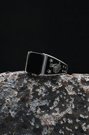 Osmanlı Tuğralı Oniks Taşlı 925 Ayar Gümüş Yüzük 901916