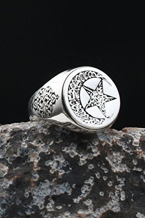 Bismillah ve Kelime-i Tevhid Yazlı Ay Yıldızlı (AYYILDIZLI) 925 Ayar Gümüş Erkek Yüzük 901925