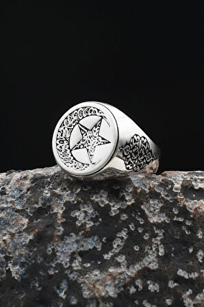 Bismillah ve Kelime-i Tevhid Yazlı Ay Yıldızlı (AYYILDIZLI) 925 Ayar Gümüş Erkek Yüzük 901925