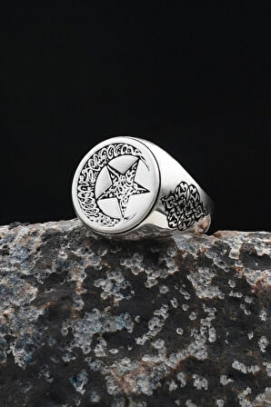 Bismillah ve Kelime-i Tevhid Yazlı Ay Yıldızlı (AYYILDIZLI) 925 Ayar Gümüş Erkek Yüzük 901925