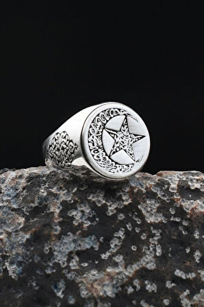 Bismillah ve Kelime-i Tevhid Yazlı Ay Yıldızlı (AYYILDIZLI) 925 Ayar Gümüş Erkek Yüzük 901925