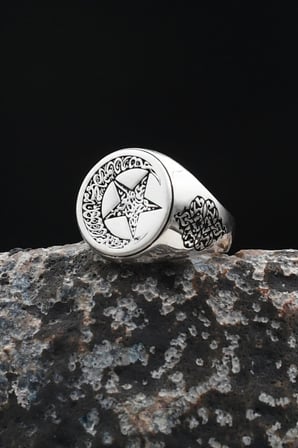 Bismillah ve Kelime-i Tevhid Yazlı Ay Yıldızlı (AYYILDIZLI) 925 Ayar Gümüş Erkek Yüzük 901925