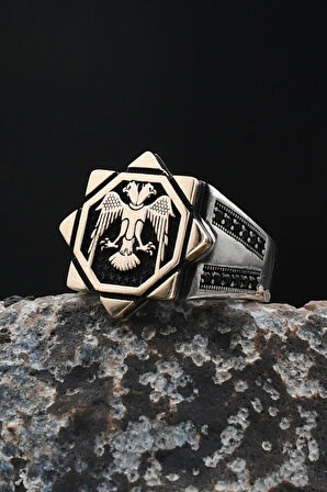 SELÇUKLU KARTALI - Çift Başlı Kartal Figürlü 925 Ayar Gümüş Erkek Yüzük 901928