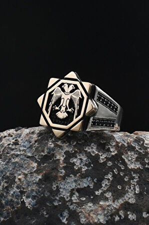 SELÇUKLU KARTALI - Çift Başlı Kartal Figürlü 925 Ayar Gümüş Erkek Yüzük 901928