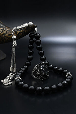 Doğal Oniks Taşlı Tesbih Ve 925 Ayar Gümüş Erkek Yüzüğü Siyah Zirkon Taşlı Ay Yıldızlı (AY YILDIZ) 901937