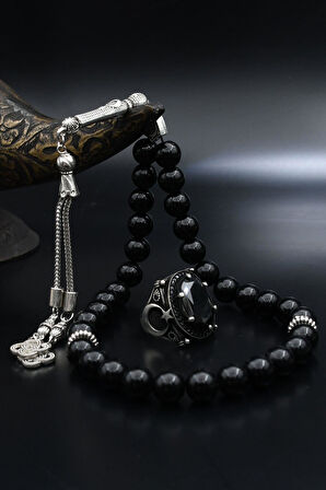 Doğal Oniks Taşlı Tesbih Ve 925 Ayar Gümüş Erkek Yüzüğü Siyah Zirkon Taşlı Ay Yıldızlı (AY YILDIZ) 901937