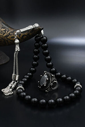 Doğal Oniks Taşlı Tesbih Ve 925 Ayar Gümüş Erkek Yüzüğü Siyah Zirkon Taşlı Ay Yıldızlı (AY YILDIZ) 901937