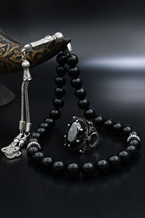 Doğal Oniks Taşlı Tesbih Ve 925 Ayar Gümüş Erkek Yüzüğü Siyah Zirkon Taşlı Ay Yıldızlı (AY YILDIZ) 901937