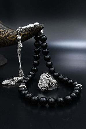 Doğal Oniks Taşlı Tesbih Ve 925 Ayar Gümüş Yüzük Hz. Süleyman Mührü Ve Zirkon Siyah Taşlı Çift Tarafli 901938