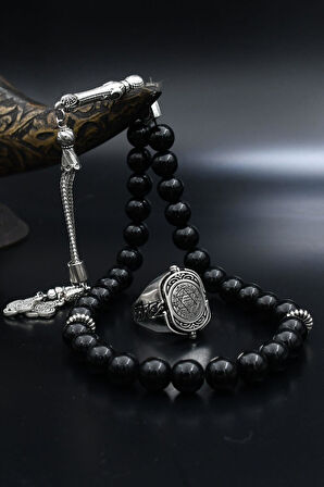 Doğal Oniks Taşlı Tesbih Ve 925 Ayar Gümüş Yüzük Hz. Süleyman Mührü Ve Zirkon Siyah Taşlı Çift Tarafli 901938