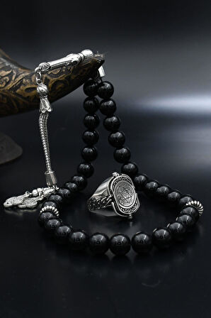 Doğal Oniks Taşlı Tesbih Ve 925 Ayar Gümüş Yüzük Hz. Süleyman Mührü Ve Zirkon Siyah Taşlı Çift Tarafli 901938