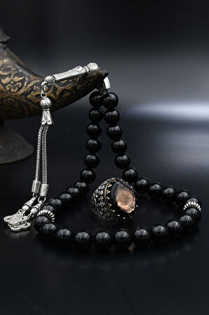 Doğal Oniks Taşlı Tesbih Ve 925 Ayar Gümüş Yüzük Hasbiyallah Yazılı Sıkma Kehribar Taşlı 901939