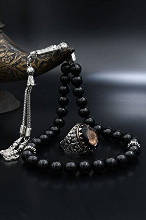 Doğal Oniks Taşlı Tesbih Ve 925 Ayar Gümüş Yüzük Hasbiyallah Yazılı Sıkma Kehribar Taşlı 901939