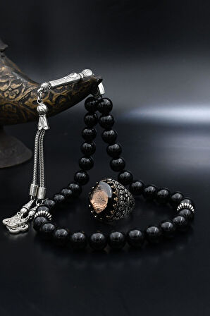 Doğal Oniks Taşlı Tesbih Ve 925 Ayar Gümüş Yüzük Hasbiyallah Yazılı Sıkma Kehribar Taşlı 901939