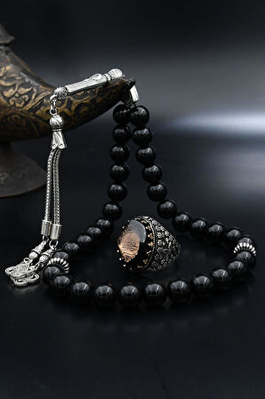 Doğal Oniks Taşlı Tesbih Ve 925 Ayar Gümüş Yüzük Hasbiyallah Yazılı Sıkma Kehribar Taşlı 901939