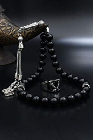 Doğal Oniks Taşlı Tesbih Ve 925 Ayar Gümüş Yüzük Zülfikar Hz. Ali'nin Kılıcı Siyah Zirkon Taşlı 901940