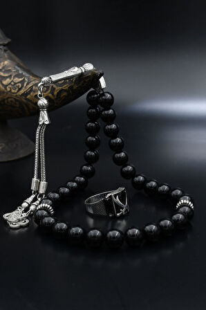 Doğal Oniks Taşlı Tesbih Ve 925 Ayar Gümüş Yüzük Zülfikar Hz. Ali'nin Kılıcı Siyah Zirkon Taşlı 901940