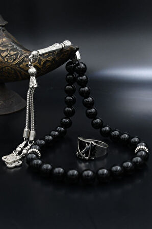 Doğal Oniks Taşlı Tesbih Ve 925 Ayar Gümüş Yüzük Zülfikar Hz. Ali'nin Kılıcı Siyah Zirkon Taşlı 901940