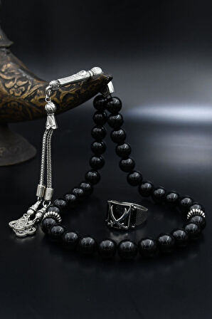 Doğal Oniks Taşlı Tesbih Ve 925 Ayar Gümüş Yüzük Zülfikar Hz. Ali'nin Kılıcı Siyah Zirkon Taşlı 901940