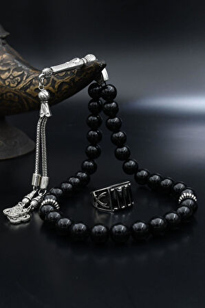 Doğal Oniks Taşlı Tesbih Ve 925 Ayar Gümüş Yüzük Siyah Zirkon Taşlı Zülfikar Hz. Ali'nin Kılıcı 901941