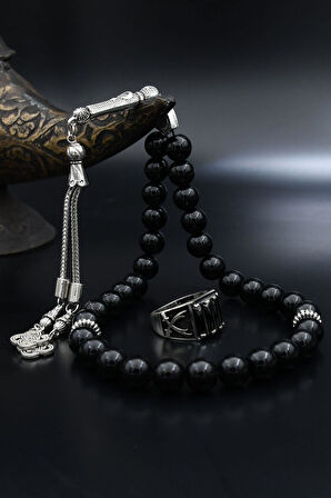 Doğal Oniks Taşlı Tesbih Ve 925 Ayar Gümüş Yüzük Siyah Zirkon Taşlı Zülfikar Hz. Ali'nin Kılıcı 901941