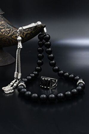 Doğal Oniks Taşlı Tesbih Ve 925 Ayar Gümüş Yüzük Siyah Zirkon Taşlı Zülfikar Hz. Ali'nin Kılıcı 901941