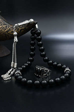 Doğal Oniks Taşlı Tesbih Ve 925 Ayar Gümüş Yüzük Siyah Zirkon Taşlı Zülfikar Hz. Ali'nin Kılıcı 901941