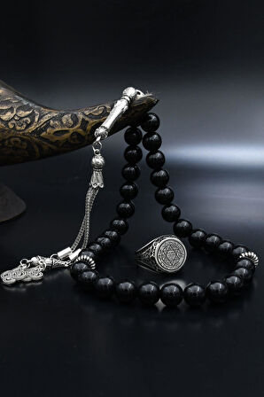 Doğal Oniks Taşlı Tesbih Ve 925 Ayar Gümüş Yüzük Hz. Süleyman Mührü Mikro Taş Süslemeli 901942