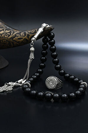 Doğal Oniks Taşlı Tesbih Ve 925 Ayar Gümüş Yüzük Hz. Süleyman Mührü Mikro Taş Süslemeli 901942