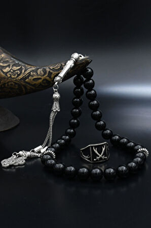 Doğal Oniks Taşlı Tesbih Ve 925 Ayar Gümüş Yüzük Zülfikar Hz. Ali'nin Kılıcı 901943