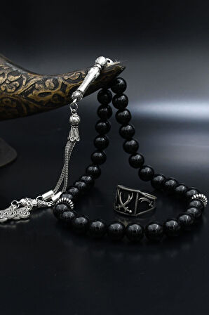 Doğal Oniks Taşlı Tesbih Ve 925 Ayar Gümüş Yüzük Zülfikar Hz. Ali'nin Kılıcı 901943