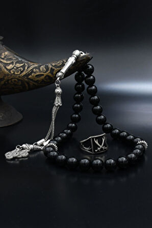 Doğal Oniks Taşlı Tesbih Ve 925 Ayar Gümüş Yüzük Zülfikar Hz. Ali'nin Kılıcı 901943