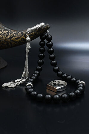 Doğal Oniks Taşlı Tesbih Ve 925 Ayar Gümüş Yüzük Hasbiyallah Allah Bana Yeter Arapça Yazlı 901945