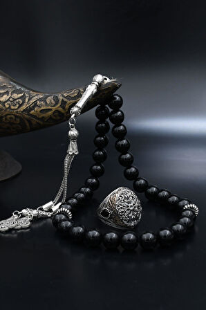 Doğal Oniks Taşlı Tesbih Ve 925 Ayar Gümüş Yüzük Örgü Tasarım 901946