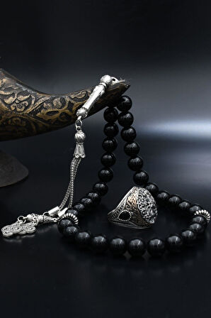 Doğal Oniks Taşlı Tesbih Ve 925 Ayar Gümüş Yüzük Örgü Tasarım 901946